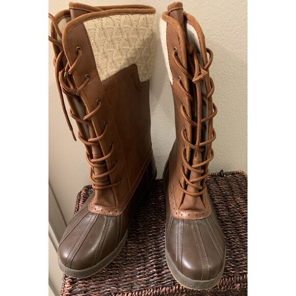 Reila Women's Lace-Up Duck Boots Size 8.5 Brown Faux Leather Knit Upper Rubber - Picture 2 of 9
